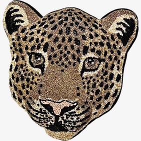 Tiger Face Accent Pillow Metallic Gold, Black Accent  Hand Beaded Pillow