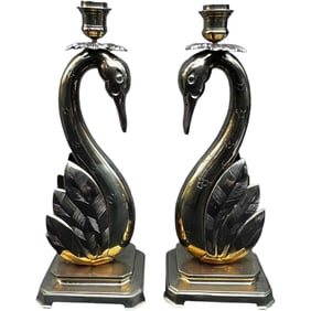 A Pair of Brass Swan Candleholders