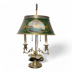 Vintage Bouillotte Brass Table Lamp with Green Tole Shade