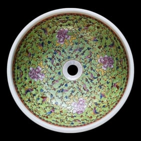 Chinese Hand Painted Ceramic Wash Basin, Green Floral Motif, European Inspired Sink