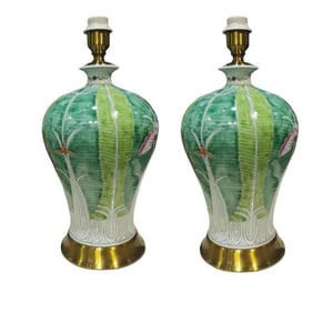 Chinese Bok Choy Cabbage Glazed Porcelain Table Lamps, Handpainted, Signed, A Pair