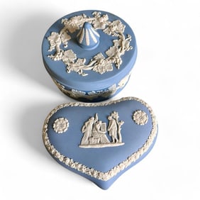 Pair of Wedgwood Jasperware Blue and White Trinket Containers, Jewelry Box