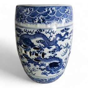 Chinese Hand Painted Blue and White Chinese Dragon Garden Stool