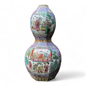 Hand Painted Chinese Famille Rose Porcelain Double Gourd Shape Vase, Signed - Violet