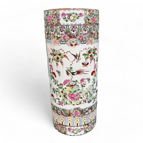 Vintage Hand Painted Umbrella Stand, Famille Rose Cylinder Large Floor Vase, Signed, Umbrella Holder