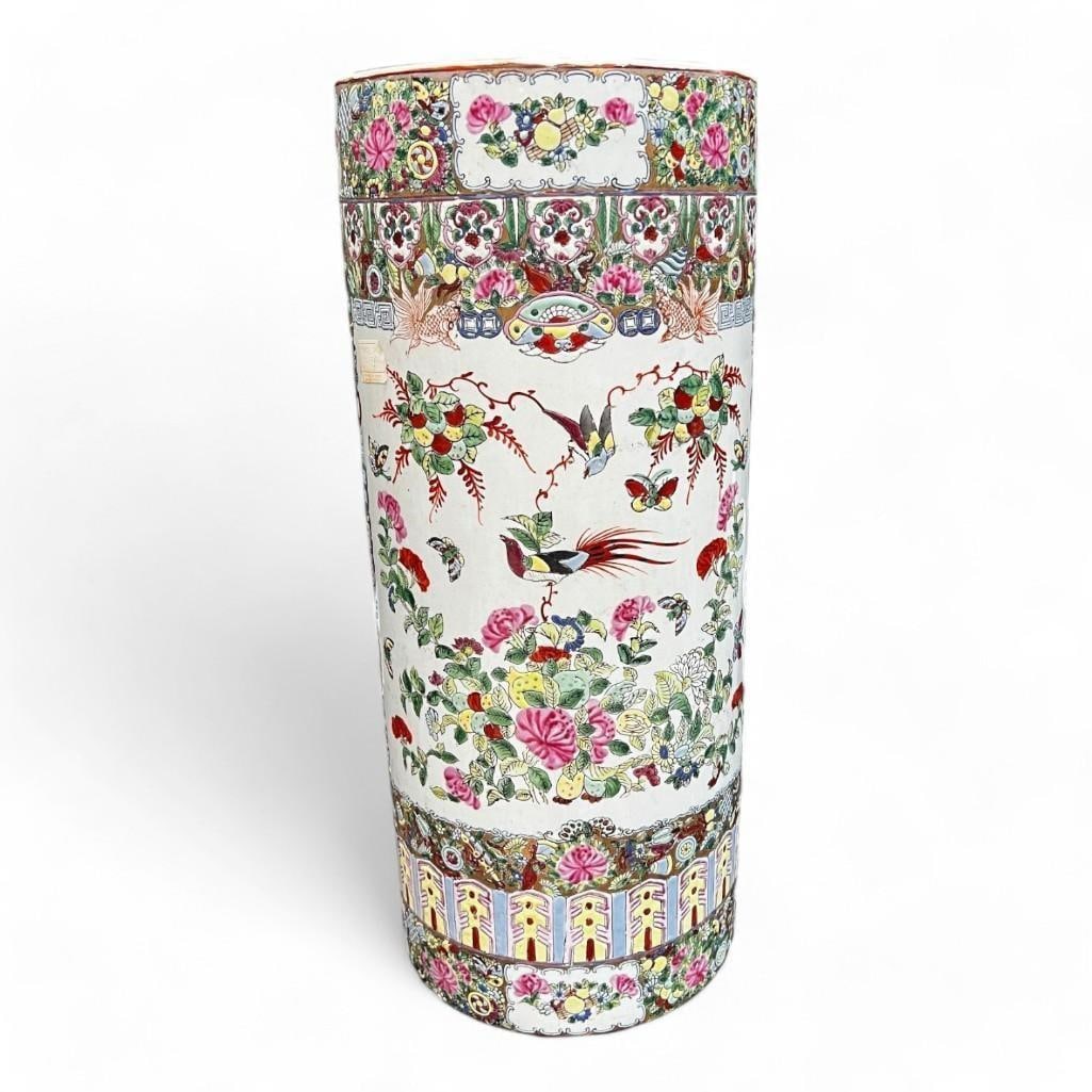 Vintage Hand Painted Umbrella Stand, Famille Rose Cylinder Large Floor Vase, Signed, Umbrella Holder (1 of 16)