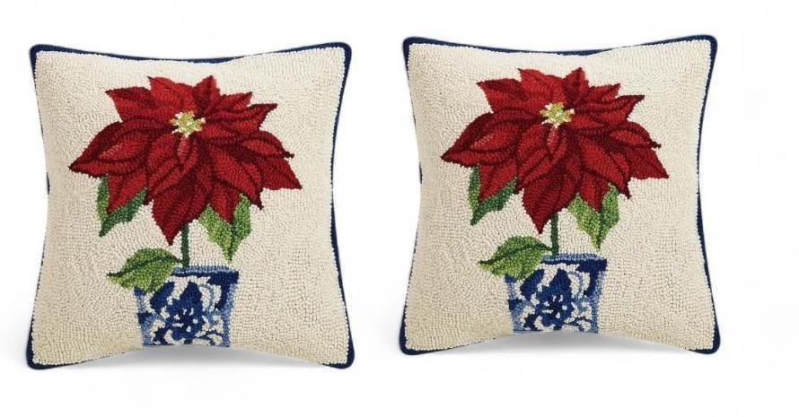 Wool Hook Decorative Pillow Decor,  Holiday Poinsetta, Christmas Decor Throw Pillow (1 of 3)