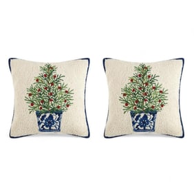 Wool Hook Decorative Accent Pillow Decor, Holiday Tree Motif, a Pair