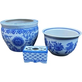 Set of 3 Blue and White Chinoiserie Planters, Plant pots