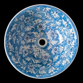 Hand Painted Wash Basin, Counter Top Wash, Bathroom Vessel Sink, European Inspired Sink-Blue Floral
