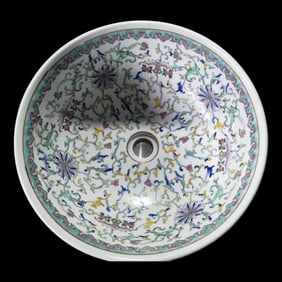 Chinese Hand Painted Ceramic Wash Basin, European Inspired Sink - White Floral Motif
