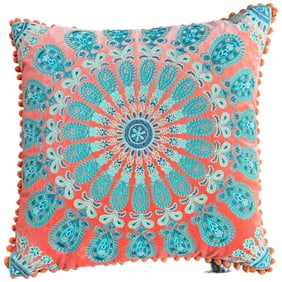 Pair of Boho Accent Pillows Paisley Embroidered, Velvet Orange and Teal Embroidery