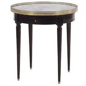 French Ebonized Mahogany Bouillotte Table with Marble Top and Bronze Gallery - Circa 1940