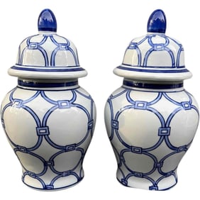 Petite Pair Ginger Jar Lidded Vases, Hand Painted Blue and White Loop Motif