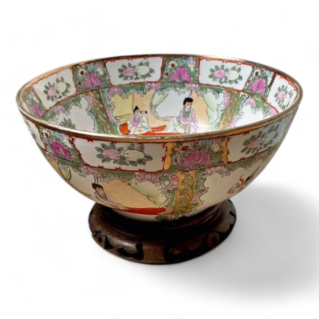 Famille Rose Medallion Chinese Decorative Bowl on Stand