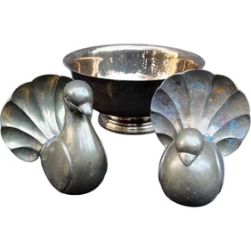 Grouping of Vintage Brass Decorative Birds and Paul Revere Bowl