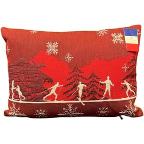 Luxury French Tapestry Lumbar Pillow by Rolande Du Dreuilh French Designer - Red Color Skiing Moti