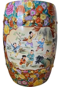 Vintage Mille Fleur Hand Painted Garden Stool with Good Luck Gold Medallion Cutouts