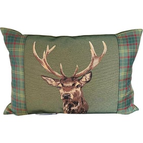 Scottish Stag Red Tartan Cushion with Tartan Sides by Hines of Oxford, Christmas Decor Throw Pillow