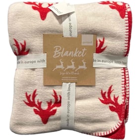 Holiday Decorative Throw Blanket, Red and White Reversible Reindeer Pattern, Made in Portugal