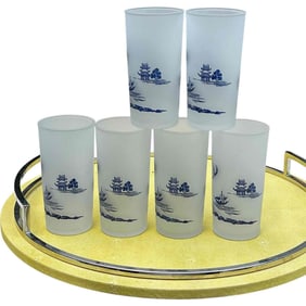 Vintage Set of 6 Blue Willow Drinking Glasses, Frosted Glass, Blue Pagoda and Landscape Motif