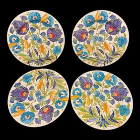 Williams Sonoma Iznik Tile "Blue & Green Floral" Melamine Dinner Plates Dinnerware, Set of 4, New