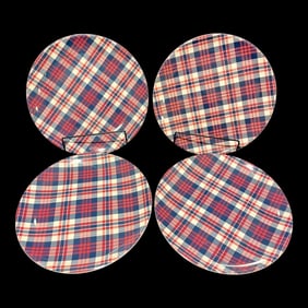 Williams Sonoma "Newport Plaid" Melamine Dinner Plates Dinnerware, Red, White, Blue, Set of 4, New