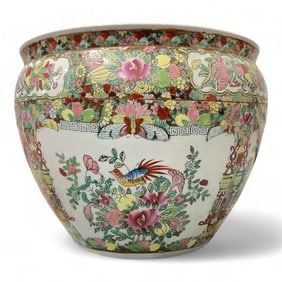 Large Famille Rose Medallion Porcelain Planter, Hand Painted, Fish Bowl Planter Cache Pot