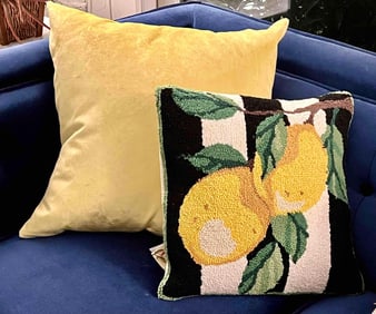 Wool Hook Pillows, Yellow Lemons Black White Stripes, a Pair