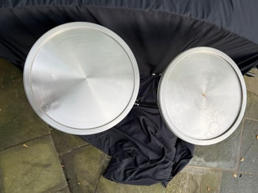 West Elm Pair of Directoire Neoclassical Drink Martini Side End Tables, Brushed Stainless Steel