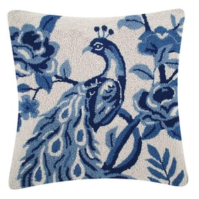 100% Wool Hook Decorative Accent Pillow, Peacock Blue and White Chinoiserie Style