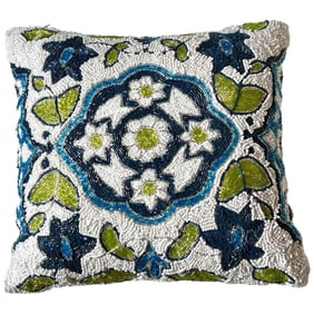 Hand Beaded Square Decorative Accent Throw Pillow, Chinoiserie Style Pattern, Blue, Green, White