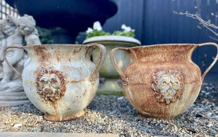 Stately Antique Cast Iron Lion Head Decorative Outdoor Planters