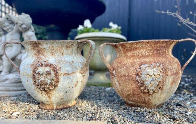 Stately Antique Cast Iron Lion Head Decorative Outdoor Planters (1 of 11)