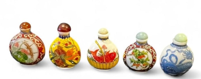 Fabulous Collection of 5 Snuff Bottles, Set of 5 Assorted Hand Made, Asian Antiques, Decor, Gift