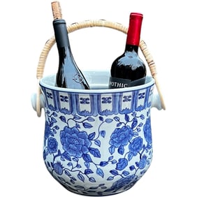 Champagne Wine or Ice Bucket, Hand Painted Porcelain Blue and White Chinoiserie Motif Rattan Handle