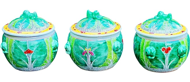 Bok Choy Cabbage Pattern Set of 3 Canisters, Hand Painted, Signed, Foo Dog Handles