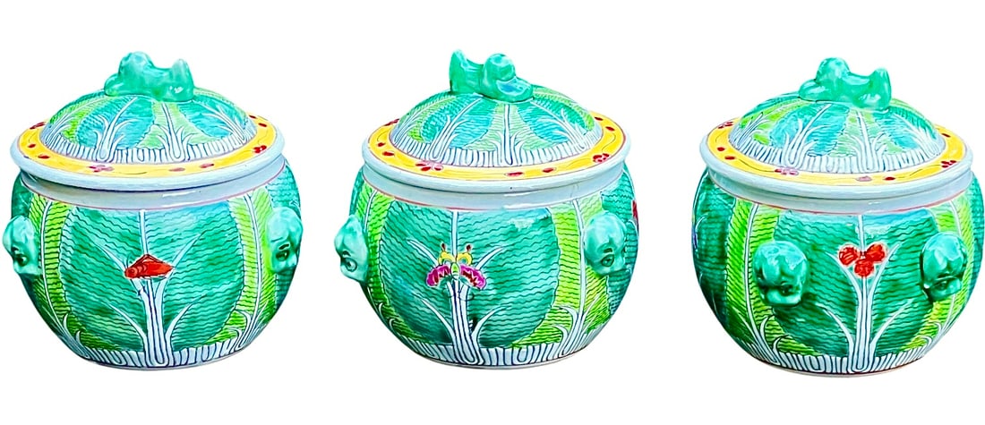 Bok Choy Cabbage Pattern Set of 3 Canisters, Hand Painted, Signed, Foo Dog Handles (1 of 10)
