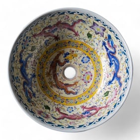 Chinese Hand-Painted Ceramic Wash Basin or Sink, European-Inspired with Chinese Dragon Motif