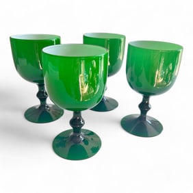 Set of 4 Italian Carlo Moretti Green Wine Glass, Murano Glass Green Goblet