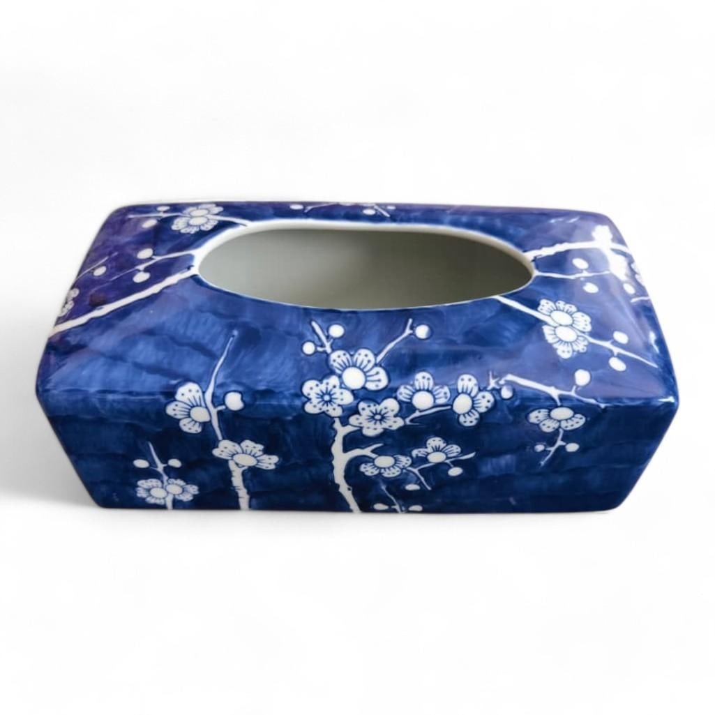 Ceramic Tissue Box Cover, Blue and White Cherry Blossom: Jingdezhen porcelain tissue box cover featuring a blue and white glazed background with blue and white floral motifs. The rectangular design is crafted with smooth edges and a high-gloss f