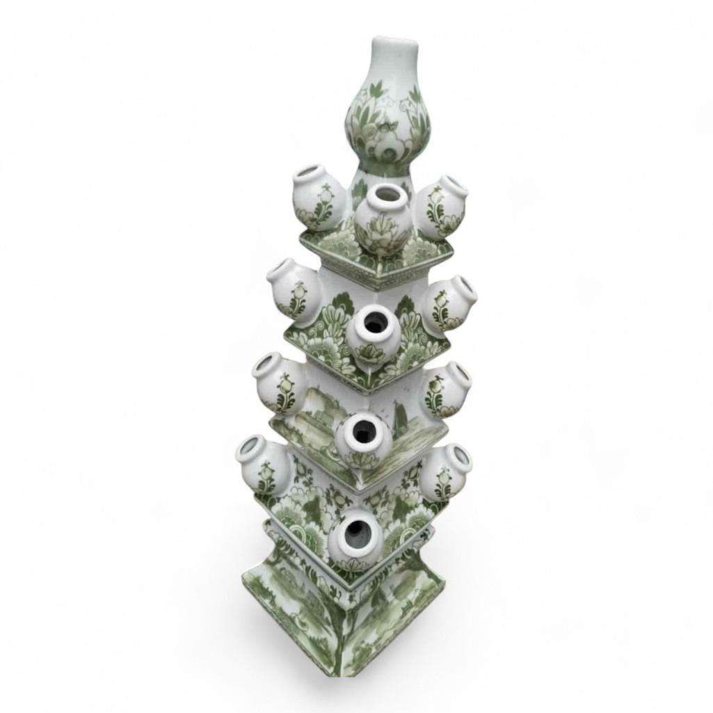 Jingdezhen Green and White Porcelain Pagoda Tulipiere Vase: Hand-painted Jingdezhen porcelain tulipiere vase, inspired by pagoda architecture. This tiered, multi-spouted floral vase features green and white floral motifs, landscape scenes, and trad