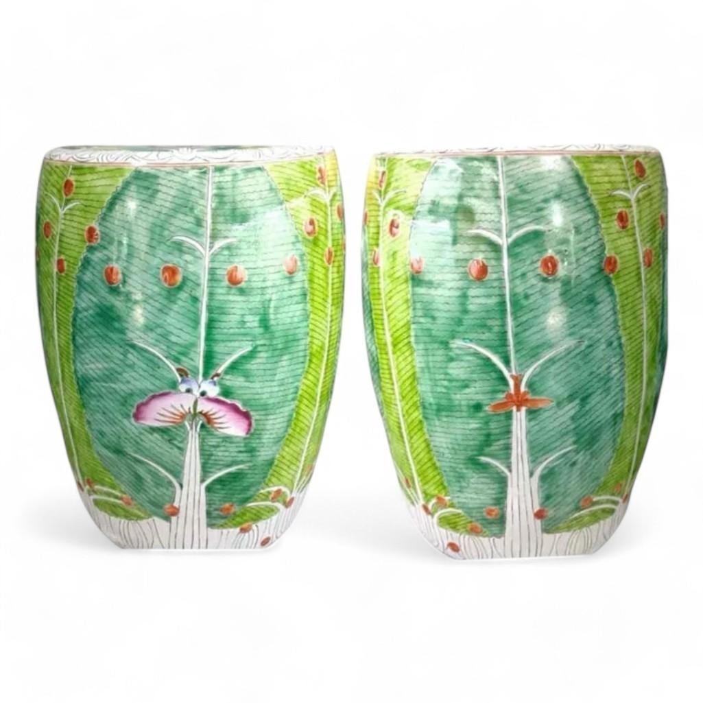 Pair of Bok Choy Famille Verte Garden Stools, Jingdezhen: Pair of hand-painted famille verte porcelain garden stools from Jingdezhen, China, featuring a bok choy cabbage motif with delicate floral and botanical details. The