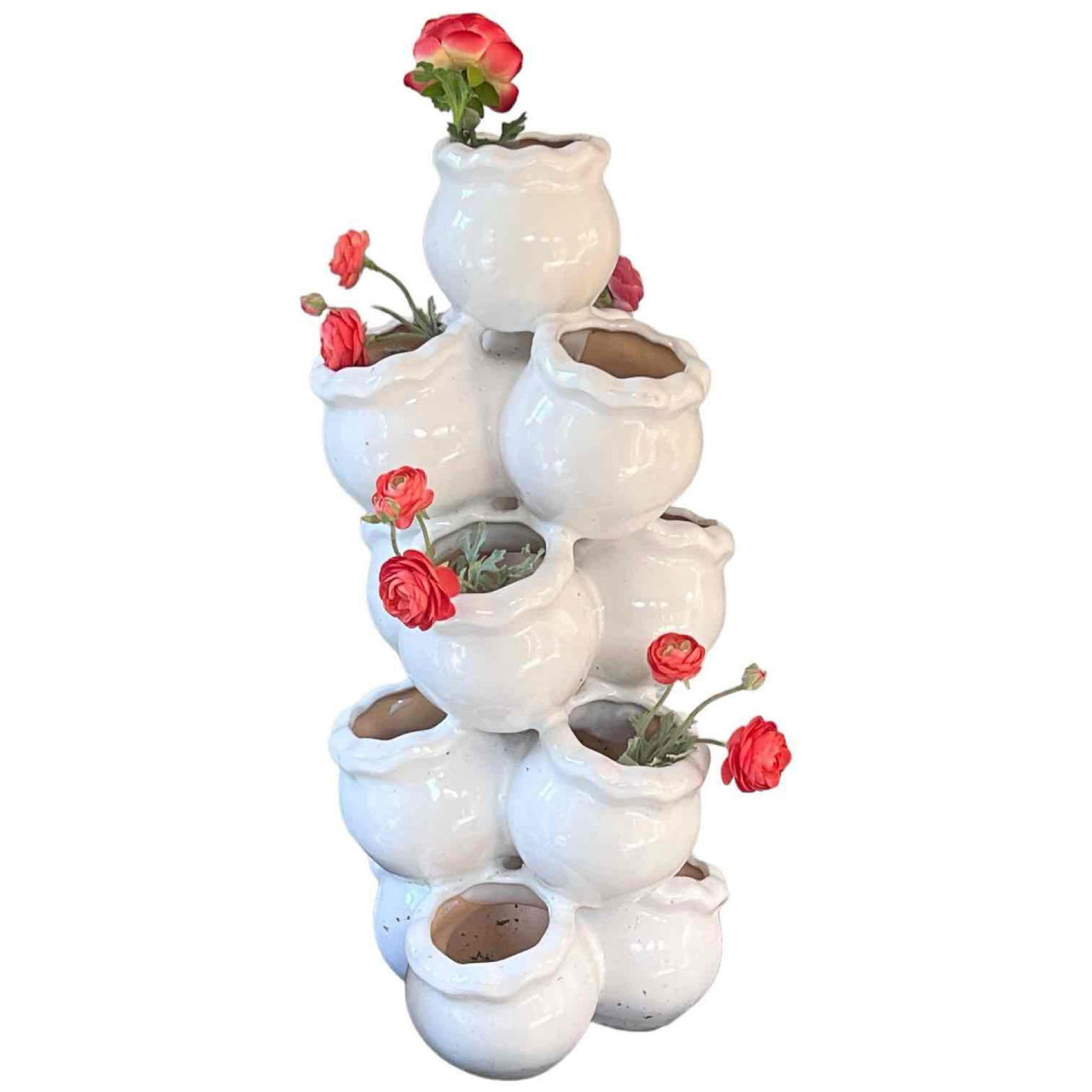 White Glazed Terra Cotta Outdoor Multi-Level Strawberry Planter: Outdoor white glazed planter, brand new, suitable for outdoor or indoor use. Item Type: Planter Condition: New Dimensions: 24H x 12W at widest point