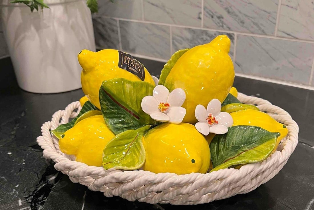 Italian Majolica Lemon Bowl, Hand-Painted, Made in Italy, 2 of 2: Handcrafted Italian Majolica ceramic lemon jar by Ceramiche D’arte F.L. ORGIA, made in Bassano, Italy. This hand-painted piece features a vibrant lemon shape with