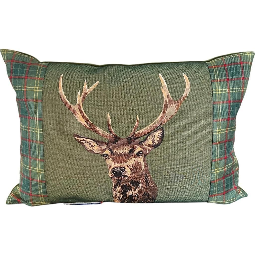 Scottish Stag Tartan Cushion by Hines of Oxford, 18"x24": A Scottish stag tapestry cushion by Hines of Oxford, featuring a detailed woven stag motif on a muted green background with classic red tartan plaid side panels. Crafted with high-quality woven fa