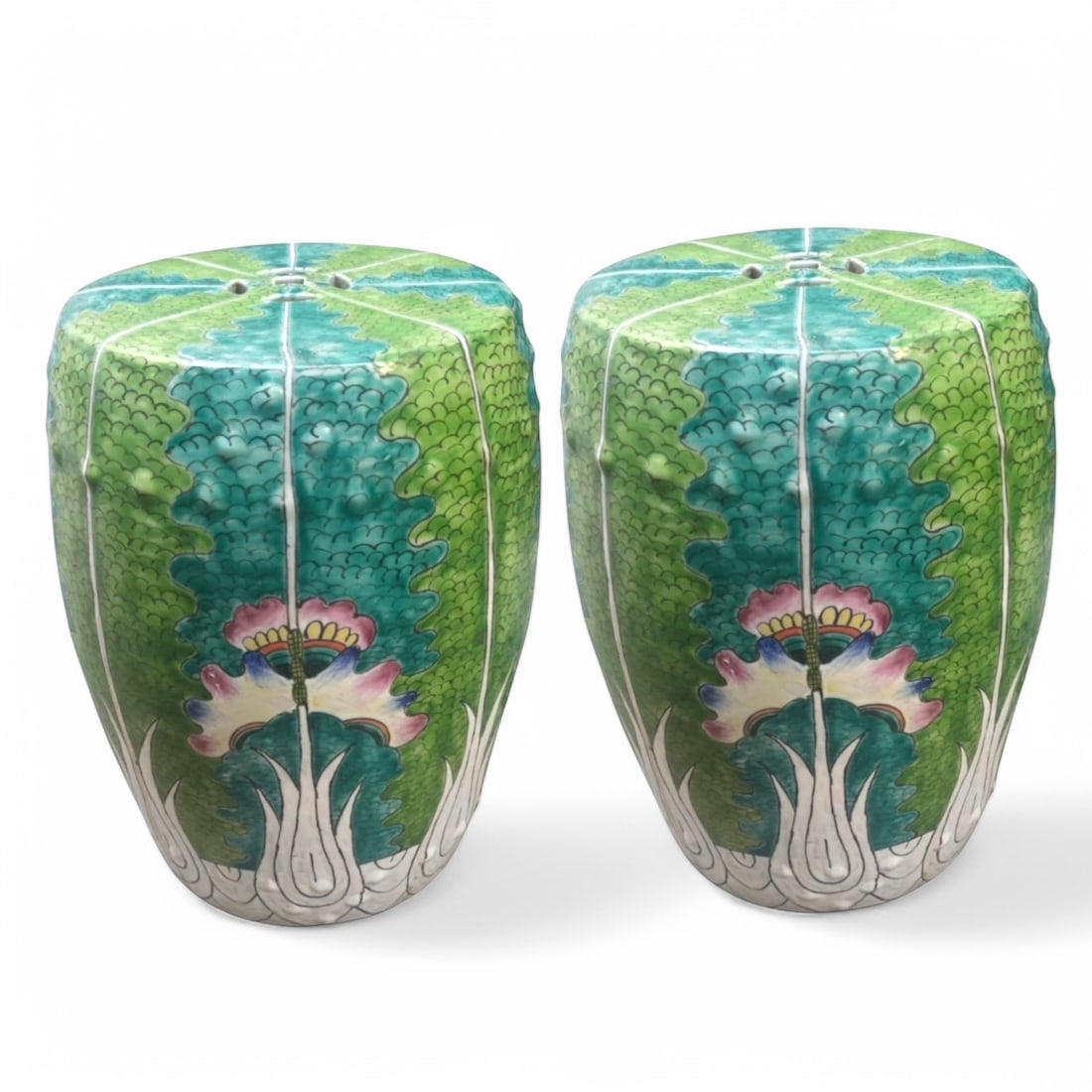 Pair of Hand-Painted Jingdezhen Porcelain Garden Stools – Famille Verte Bok Choy Pattern: This pair of hand-painted porcelain garden stools showcases the Bok Choy pattern, a distinctive design within the Famille Verte porcelain tradition. Originating from Jingdezhen, China<