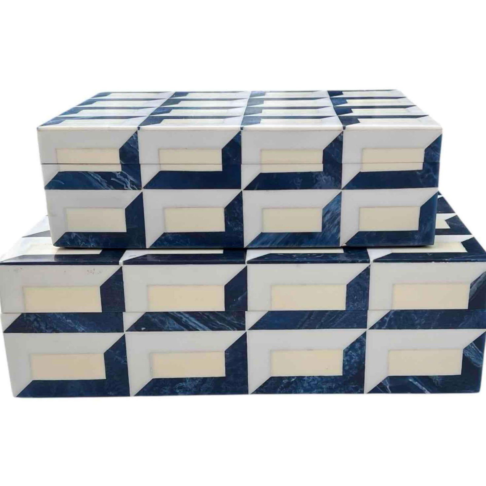 Set of Two Geometric Inlay Bone & Resin Decorative Boxes (1 of 2 Identical Lots)