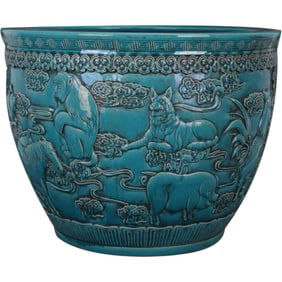 Jingdezhen Hand Carved Ceramic Turquoise Blue Planter with Zodiac Motif - Exquisite!