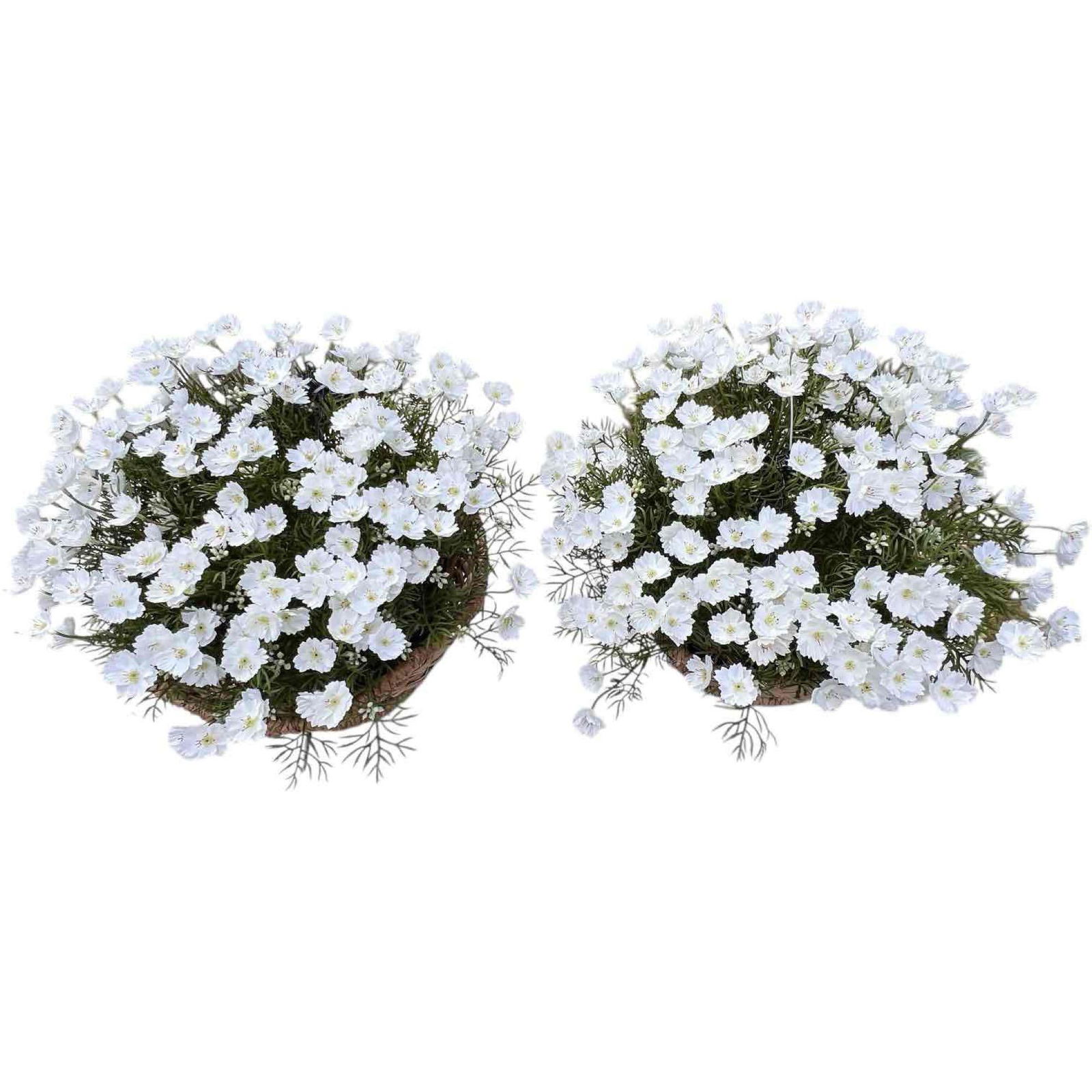 Realistic Pair of White Artificial Outdoor Flowers in Coconut Shell Hanging Baskets (1 of 5)